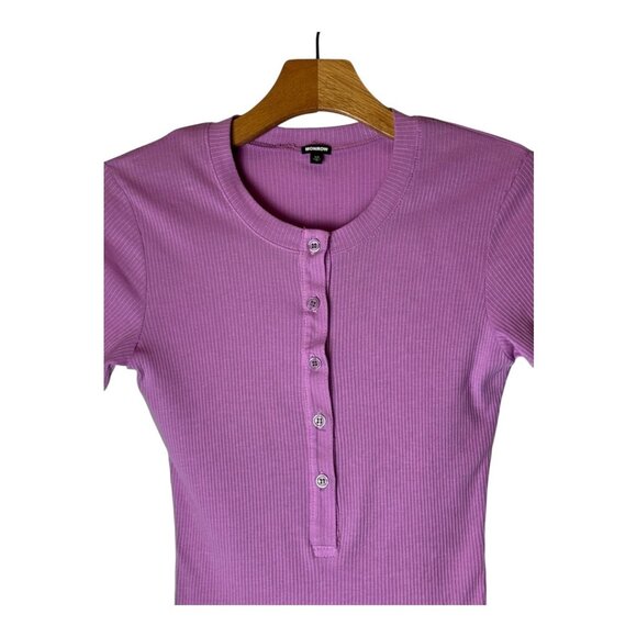 Monrow Bodysuit Women XS Purple Ribbed Crew Henley Neck Short Sleeve Pull-On - Picture 3 of 11